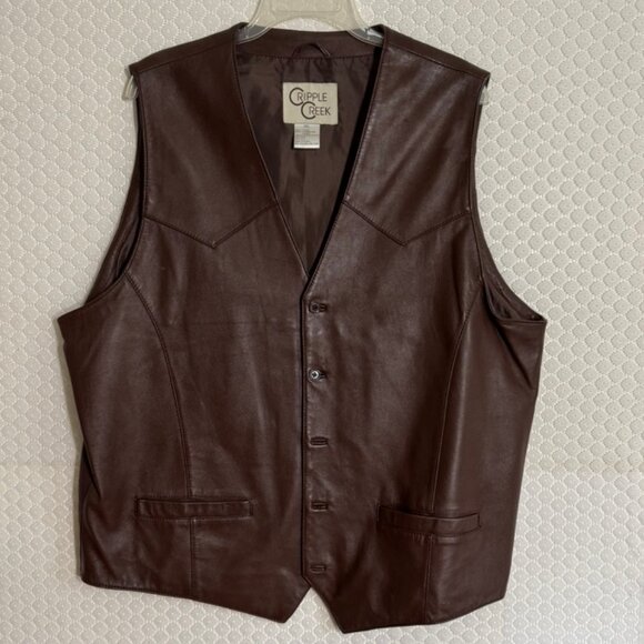 Vtg Cripple Creek Mens Genuine Brown Leather Lined Vest - Western Style Sz 3XL - Picture 1 of 7